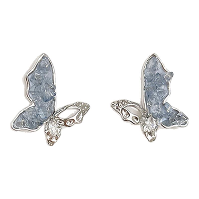 蓝色镂空不对称蝴蝶耳夹