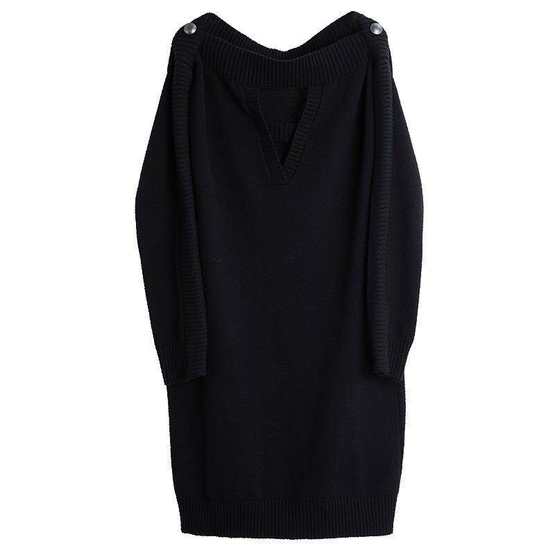 ELLE黑色设计感镂空系带连衣裙女2025秋装新款垂坠感气质显瘦