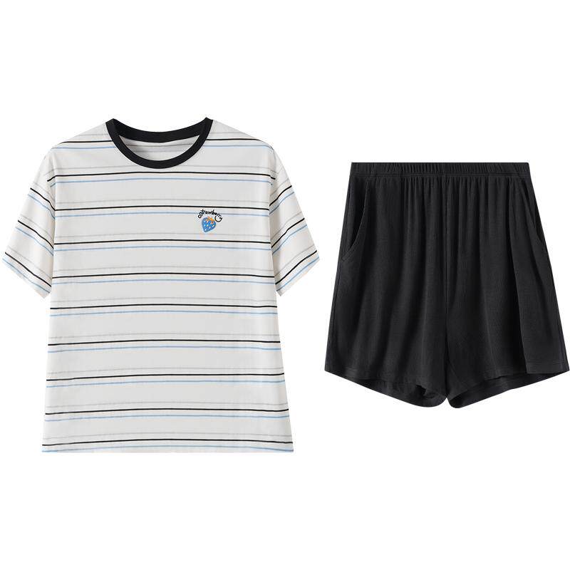 红豆【小海风】情侣短袖睡衣高级感条纹可外穿男士家居服套装夏季图片