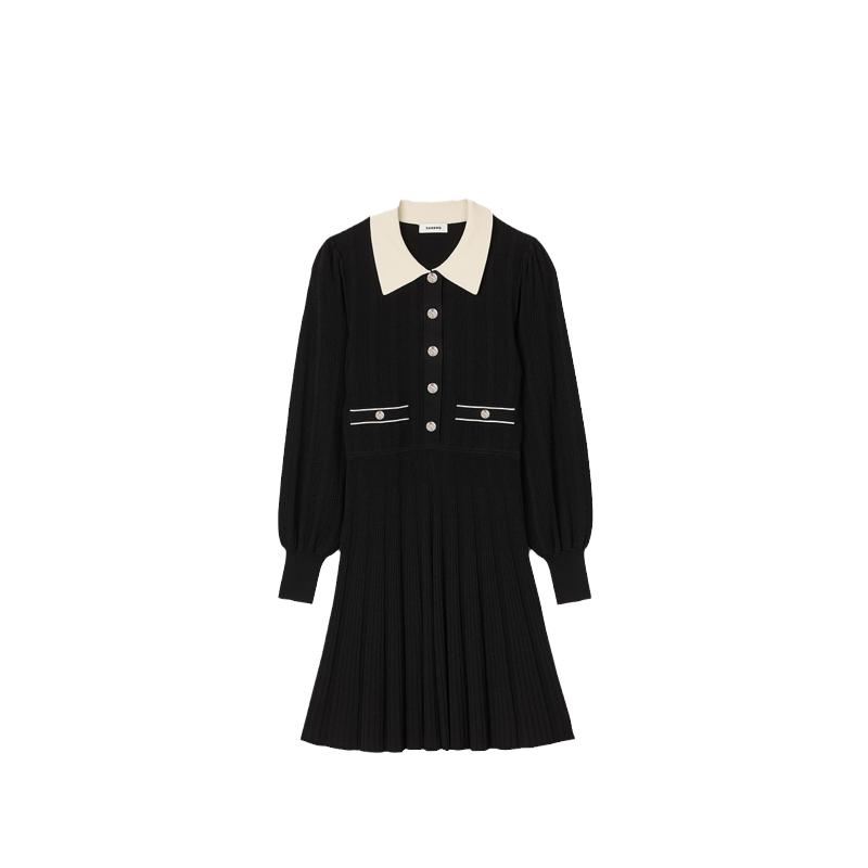 SANDRO翻领撞色黑色连衣裙