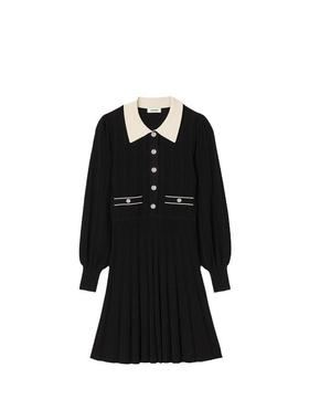SANDRO秋冬女装法式气质学院风黑色翻领竖排扣收边袖口针织连衣裙