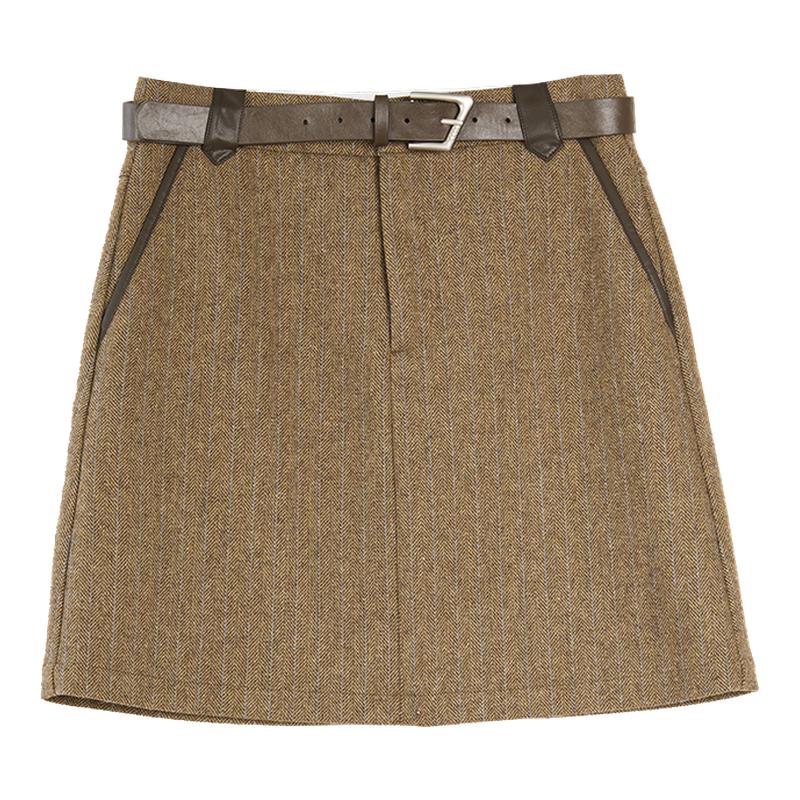 ELLE复古人字纹咖色半身裙