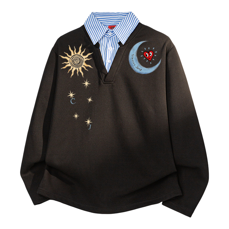 查尔斯桃心美式假两件学院风衬衫领卫衣男秋季宽松休闲情侣上衣服