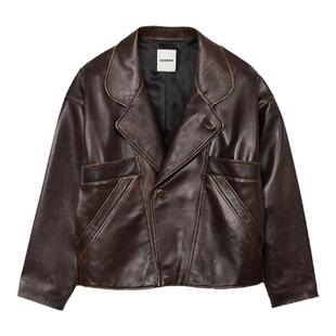 复古机车风羊皮革棕黄色皮衣外套 款 SANDRO秋冬女装 都市游牧经典