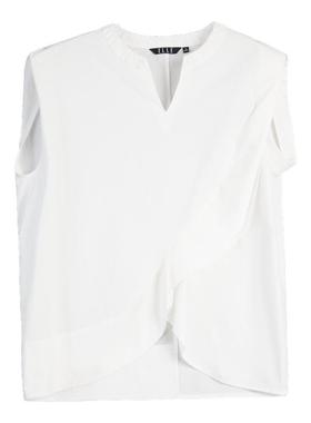 ELLE白色褶皱设计感衬衫女2025秋季新款不规则高级感无袖纯棉衬衣