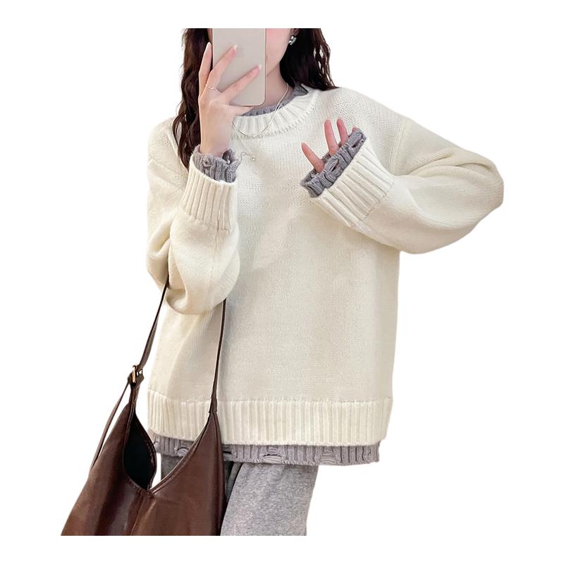 唐狮秋冬简约风假两件设计圆领套