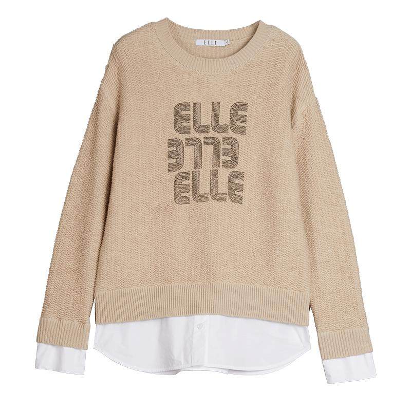 ELLE卡其色假两件套头针织衫