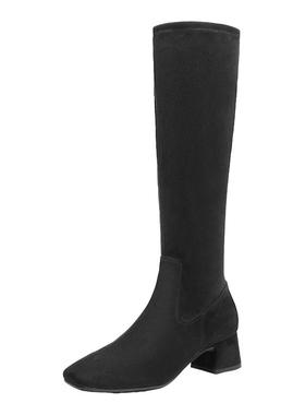 百丽女鞋增高长筒靴冬季新款粗高跟尖头瘦瘦弹力靴子3LI71DG4