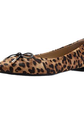 【下拉领券】Nine West/玖熙豹纹单鞋女春蝴蝶结尖头低跟真皮瓢鞋