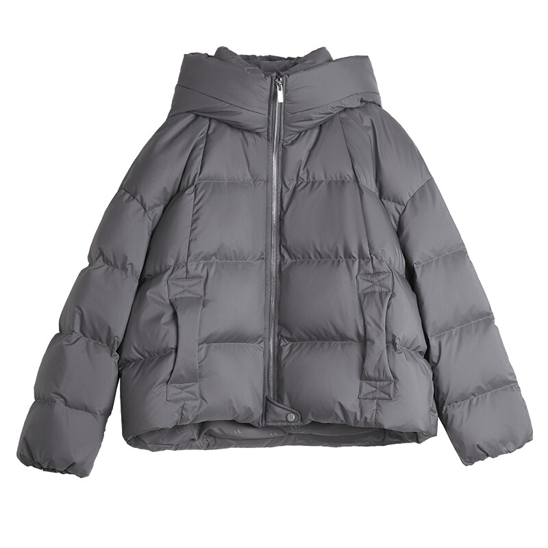 ELLE90鹅绒深灰色短款连帽羽绒服女2025冬季新款简约加厚保暖外套