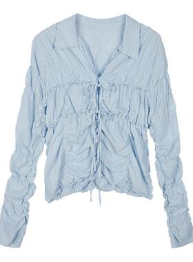 SLY 夏季甜美日系多巴胺条纹褶皱系带衬衫030ISY30-2601