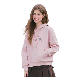 betu百图粉色猫咪刺绣连帽卫衣女2025年冬季新款加绒插兜帽衫厚