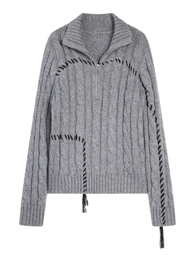 ELLE灰色绵羊毛绞花半高领毛衣女2025冬季新款休闲高级感针织衫