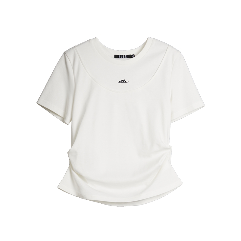 ELLE白色圆领设计感褶皱修身T恤女2025秋季新款小众时髦气质短袖