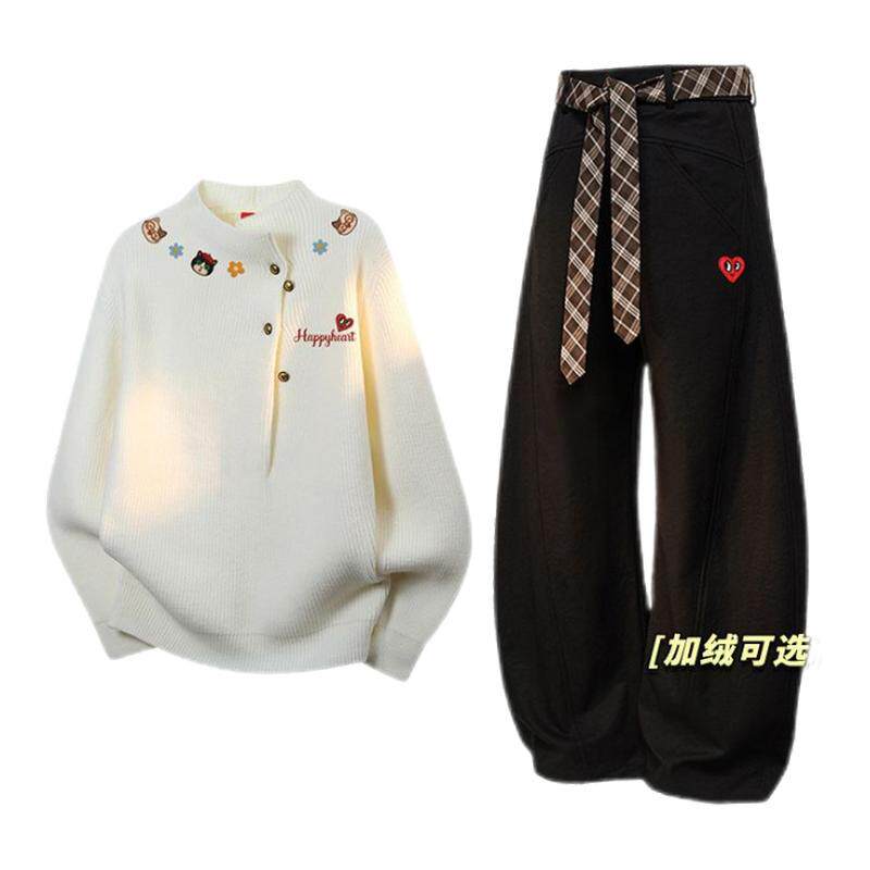 查尔斯桃心休闲套装男女冬季新款小猫针织衫毛衣加绒加厚直筒裤子