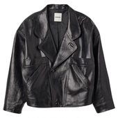 复古时尚 法式 黑色大翻领落肩廓形机车风皮衣外套 女装 SANDRO秋冬款