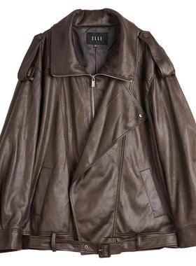 ELLE摩登复古防风独立主义皮夹克女2025秋新款宽松高级感皮衣外套
