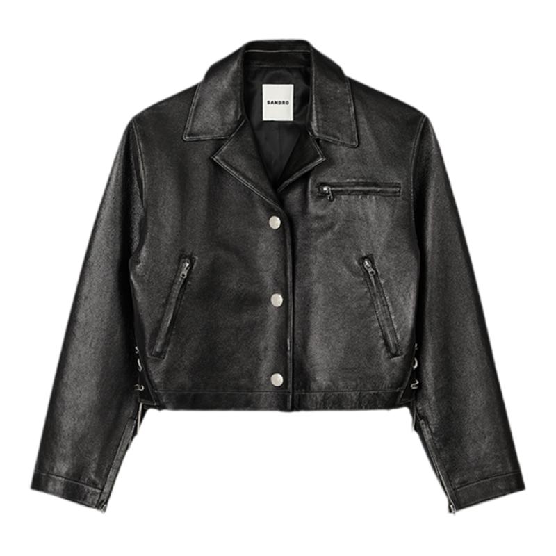 SANDRO羊皮革黑色短款皮衣外套