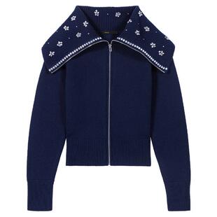 法式 拉链针织开衫 时尚 饰海军披肩领短款 深蓝色仿钻装 Maje秋冬女装