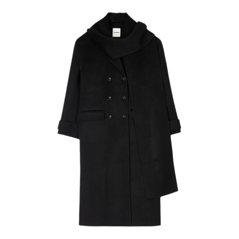 SANDRO女装双排扣黑色毛呢大衣