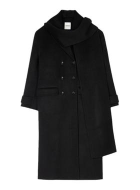 SANDRO秋冬女装法式简约时尚绵羊毛黑色围巾领双排扣大衣毛呢外套