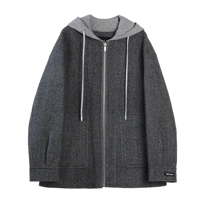 ELLE灰色山羊绒绵羊连帽毛呢大衣