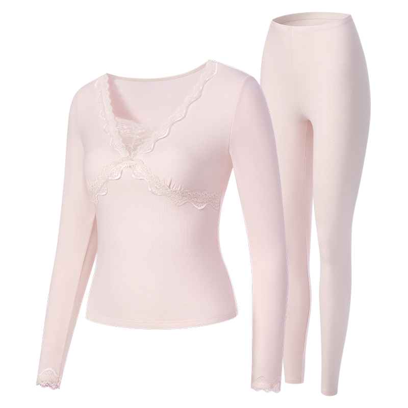 MYBODY商场同款秋衣秋裤女套装优雅修身打底法式蕾丝V领保暖内衣