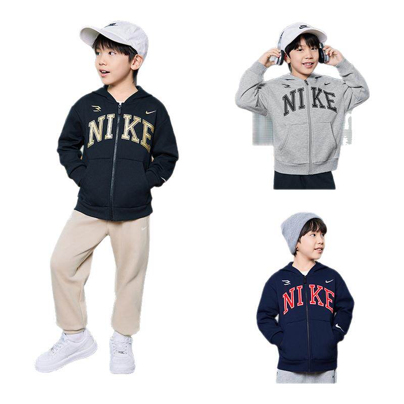 Nike 3brand儿童卫衣开衫男童加绒上衣2026冬季童装运动女童外套