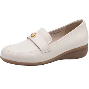 沙驰女鞋牛皮真皮坡跟单鞋2026春季新款中国结金属扣乐福鞋女厚底