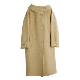 双面呢大衣 中长款 ELLE卡其色高级感连帽毛呢外套女2025冬装 新款