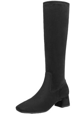 百丽女鞋增高长筒靴冬季新款粗高跟尖头瘦瘦弹力靴子3LI71DG4