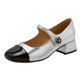 真皮通勤粗跟浅口单鞋 百丽女鞋 新款 小香风玛丽珍鞋 B5N1DCQ4 子法式