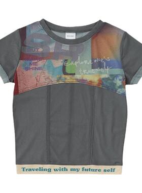 MOUSSY 夏季新品薄纱透视撞边印花鱼骨短袖T恤010HAL90-0131
