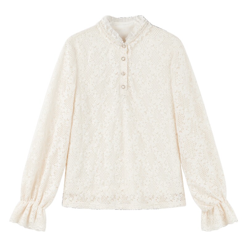 秋水伊人优雅浪漫风木耳边蕾丝衫2025年冬季新款时尚百搭立领上衣