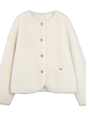 【100%绵羊毛】ELLE白色高级感小香风毛绒短外套女2025冬新款上衣