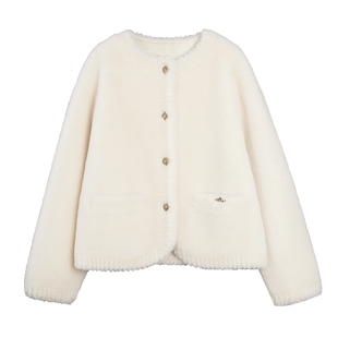 【100%绵羊毛】ELLE白色高级感小香风毛绒短外套女2025冬新款上衣