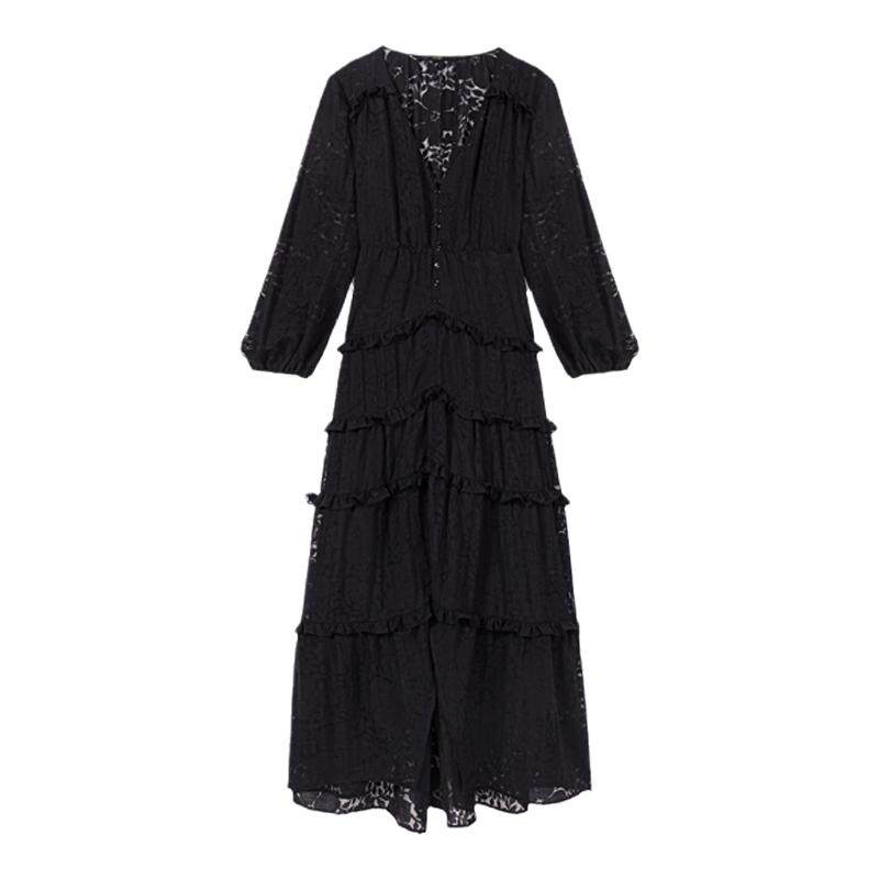 Maje秋冬女装法式简约休闲镂空花纹V领长款收腰修身连衣裙两件套