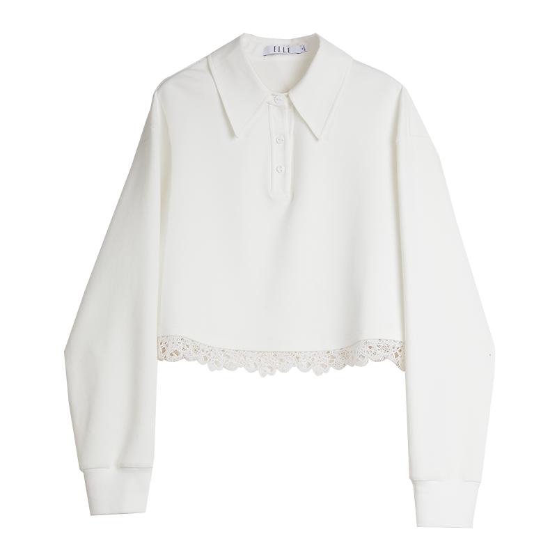 【商场同款】ELLE白色蕾丝拼接短款卫衣女2025秋季新款通勤上衣