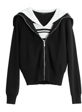 ELLE黑色法式设计感毛针织衫女2025冬装新款高级感超好看毛衣外套