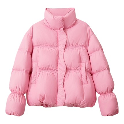 Amii2025冬新款设计感花苞型短款拉链按扣立领鸭绒羽绒服女