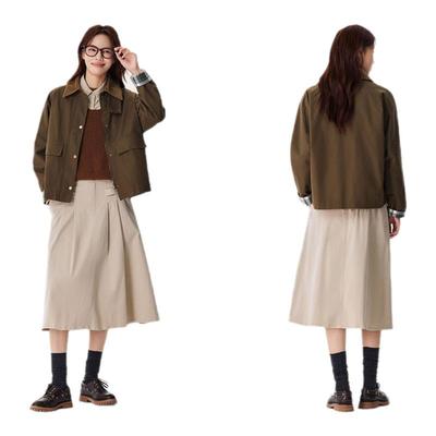 森马宽松插肩袖拼接翻领外套女