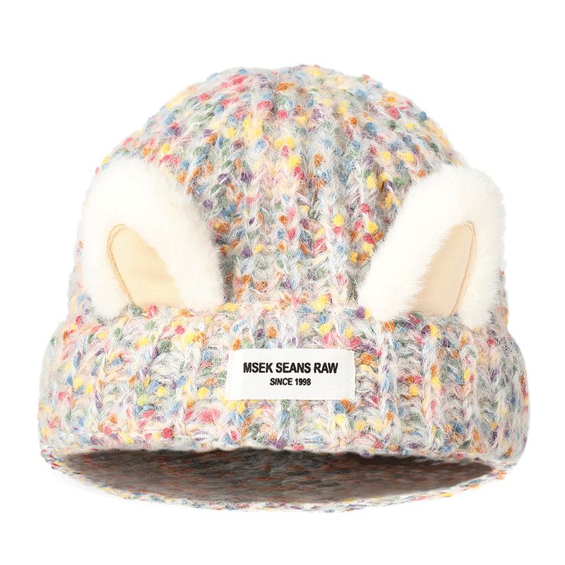 畹町针织帽女秋冬季保暖护耳帽子萌趣可爱造型带耳朵彩纱厚毛线帽