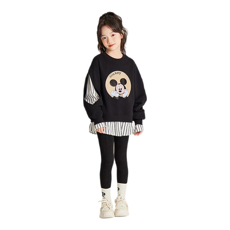 Amybaby女童上衣秋冬季2025新款卡通米奇拼接条纹衬衫圆领卫衣