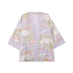 爱慕睡衣女夏季薄含真丝可外穿夏季两面穿中式短袍家居服AM487281