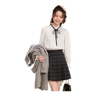 紫涵立领木耳边长袖衬衫女冬季新款纯色简约百搭宽松上衣内搭衬衣