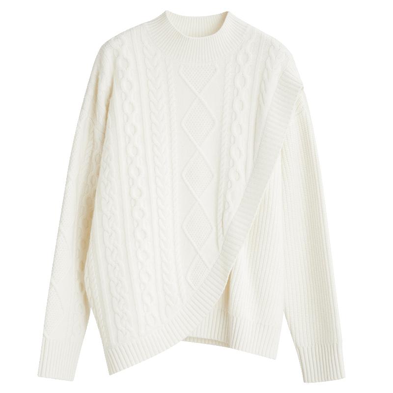 ELLE米白色绵羊毛混纺宽松套头毛衣女2025冬装新款软糯毛针织衫