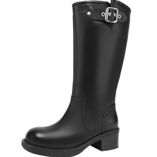 千百度美拉德西部牛仔靴秋冬新款 骑士靴长靴高筒靴粗高跟女鞋