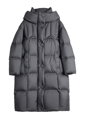 ELLE90白鸭绒灰色连帽羽绒服女2025冬季新款简约长款加厚保暖外套