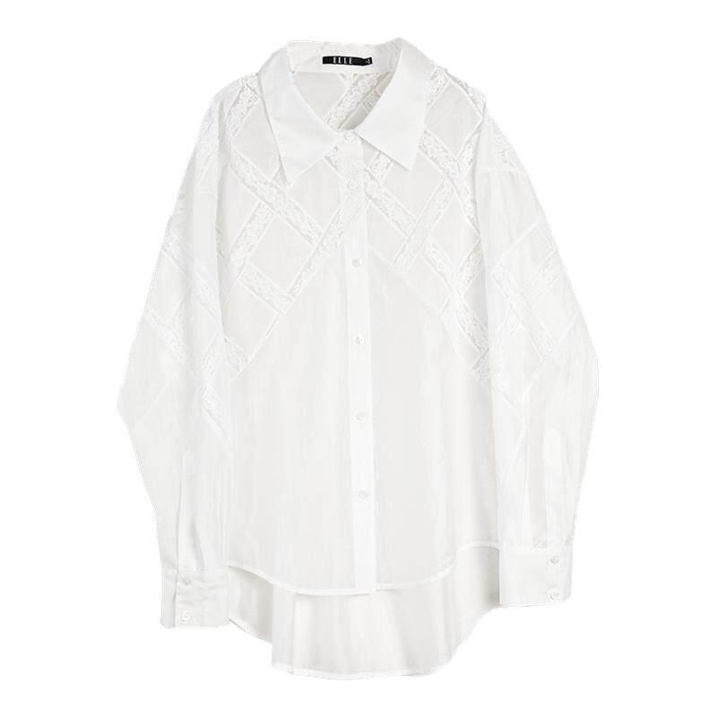 ELLE白色镂空刺绣天丝衬衫女2025秋季新款宽松休闲设计感小众