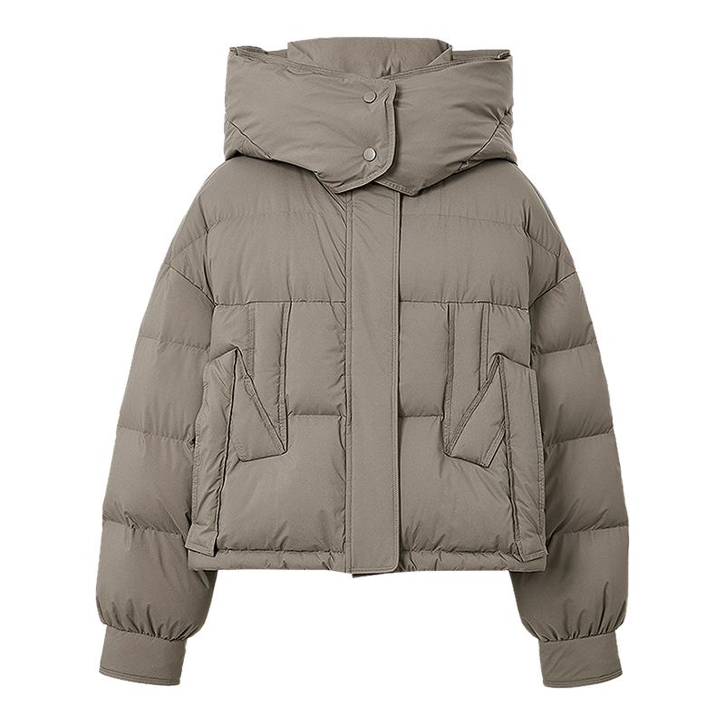 红袖冬季新款女装抽绳落肩拉链立领连帽羽绒服